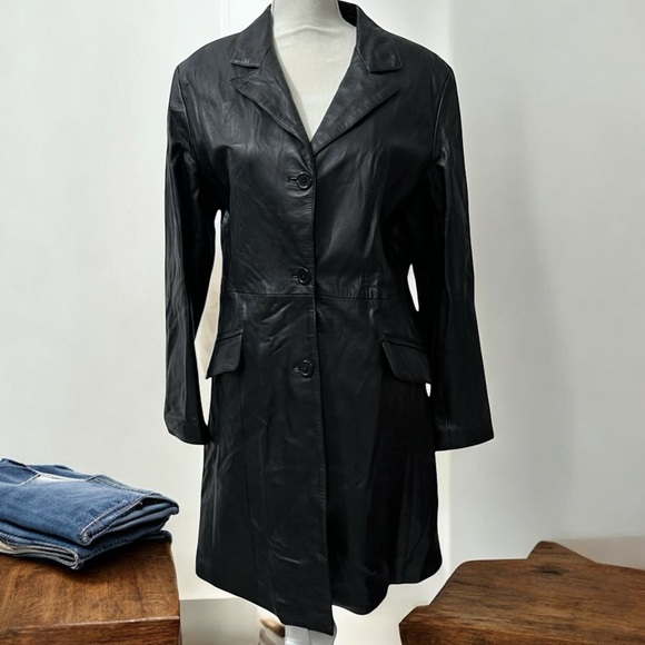 Vintage Women's Long Black Leather Notch Collar Matrix Trench Coat Size Large - Picture 1 of 8